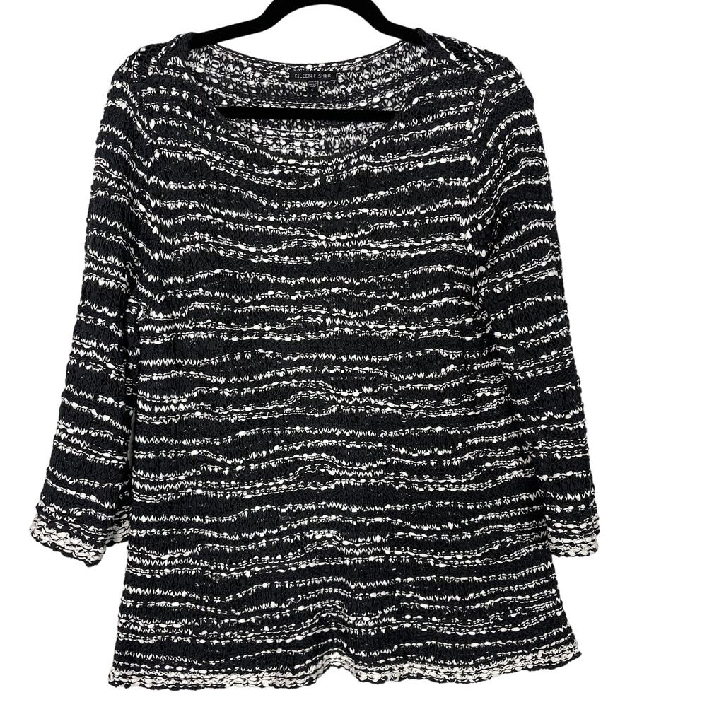 Eileen Fisher Small Black White Striped Open Knit Sweater Scoop Neck 3/4 Sleeve